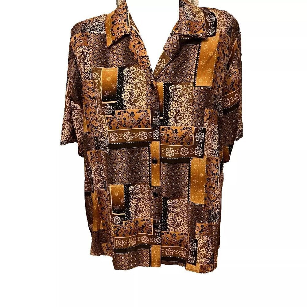 KATHIE LEE. Size 22-24W. Short Sleeve BROWN Shirt. Rayon. B78